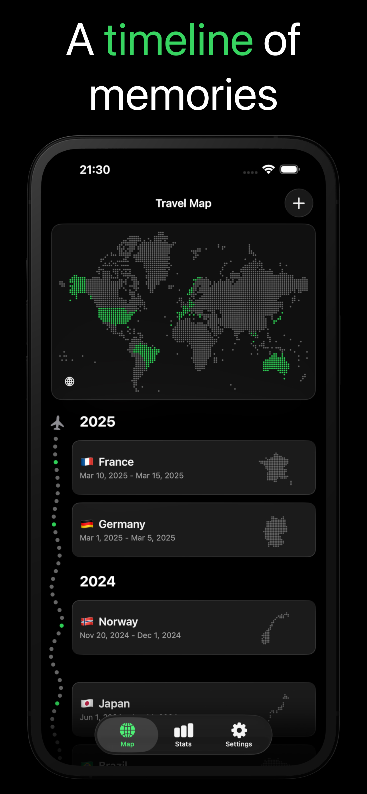 Dotted travel timeline showing trips by year with country mini-maps