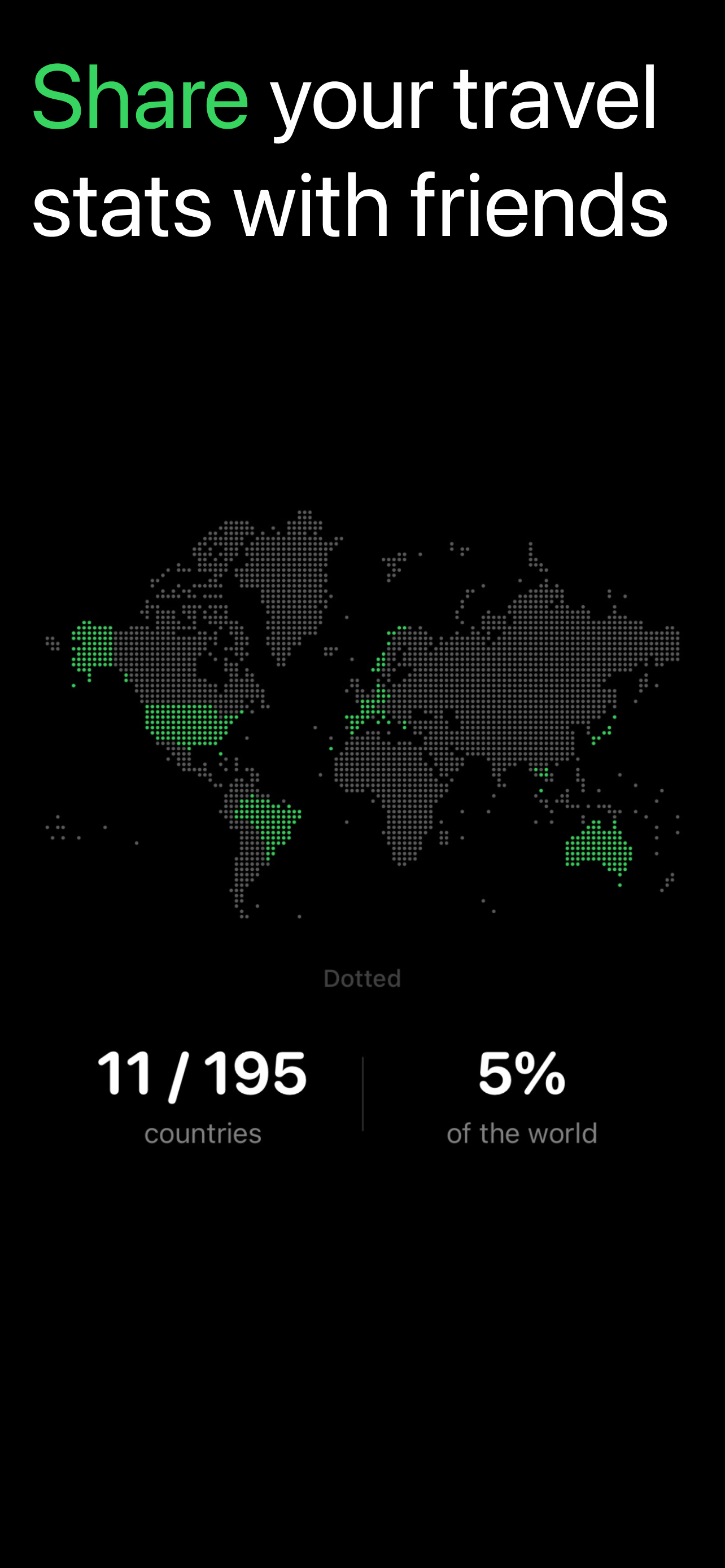 Dotted share card showing dot map and travel stats for social media